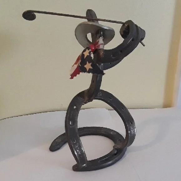 Rustic Golfer Sculpture Welded Horseshoe Golf Cowboy🏌🏼‍♂️🏌🏾‍♀️⛳🤠Folk Art - Picture 2 of 9